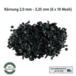 AKTIVKOHLE GRANULAT AUS KOKOSNUSSSCHALEN 2,0–3,35 mm – 2 LITER